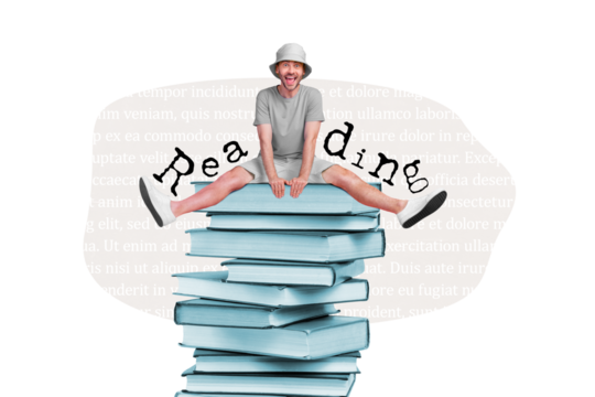 Banner collage poster of excited guy sitting stack book reading geek nerd enjoy knowing new materials