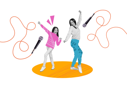 Poster collage banner of funny excited lady kid girl dancing in pastime club singing song on family event - Powered by Adobe