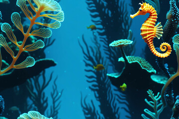 Underwater landscape with Seahorse. Seamless pattern. Digital illustration.