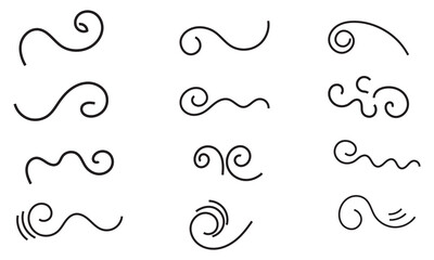 Doodle wind line sketch set. Hand drawn doodle wind motion, air blow, swirl elements. Sketch drawn air blow motion, smoke flow art, abstract line. Isolated on white background . vector illustration. 