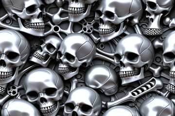 Metallic Skulls. Biomechanical concept. Seamless pattern. Digital illustration.