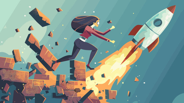  Businesswoman breaks through brick wall on rocket, overcoming obstacles and solving problems for new startup development