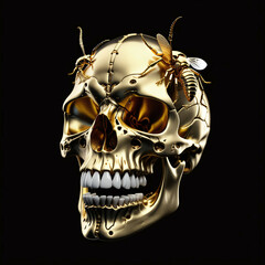 Golden skull. Isolated on black background. Digital illustration.