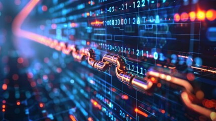 Double exposure of a blockchain network overlaid with system security elements and stock market trends