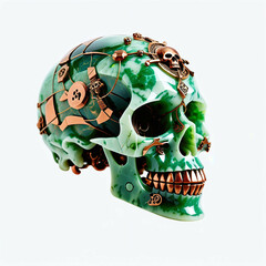 Skull made of jade and metal. Isolated on white background. Digital illustration.