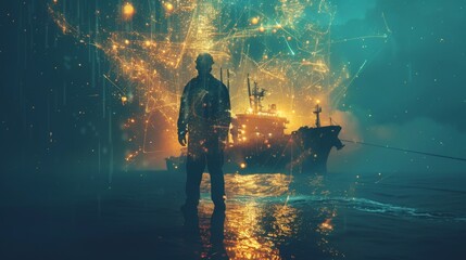 Fototapeta premium engineer on a ship deck with fiber optic cables being laid underwater