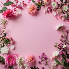Fototapeta premium Beautiful delicate flowers on a pink background. Abstract layout of a color frame with space for text. An invitation to a wedding. The concept of International Women's Day, Mother's Day.