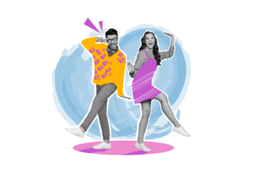 Painting picture template collage of funny people lady guy buddies have fun dancing dynamic hip hop