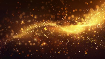 An abstract swirl texture with golden fairy glow and stardust. Shiny luxury yellow tail with bright particles. A comet falling twirl in shining gold glitter dust.