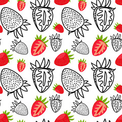 Pattern of whole strawberries and their sections and a contour separately. Bright red color of fresh berries with green leaves. Texture for freshness, color and natural beauty for any design project