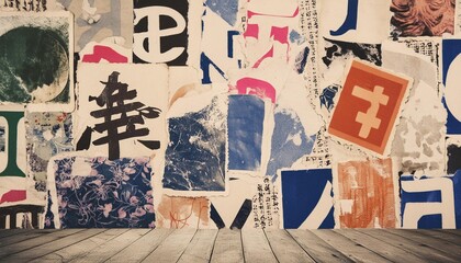 generative ai vintage grunge japanese letters collage background different textures and shapes