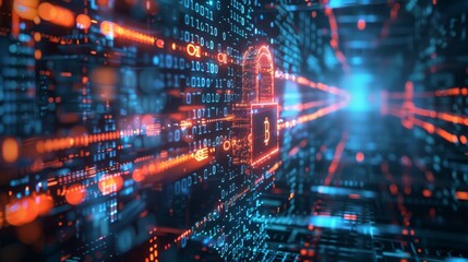 Obraz premium Double exposure of blockchain blocks overlaid with a secure digital lock and binary security codes