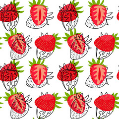 Pattern of whole strawberries and their cuts with a contour is shifted. The bright red color of fresh berries with green leaves. Texture for freshness, color and natural beauty for any design project