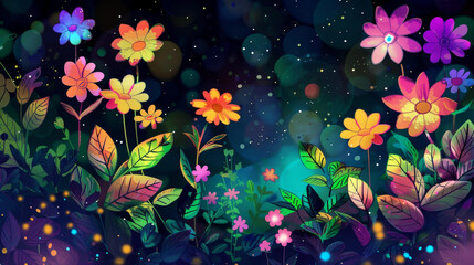 Obraz premium Enchanted garden where flowers magically shift colors hourly.