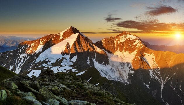 Serene Mountain Vista Capture A Breathtaking Sunrise Over Snow Capped Mountains