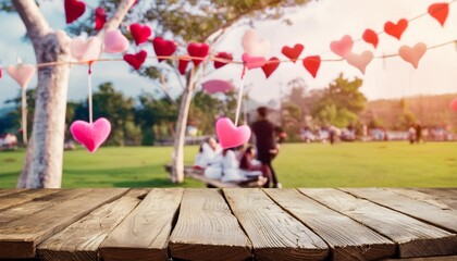 empty old wooden table background with valentines day theme in background