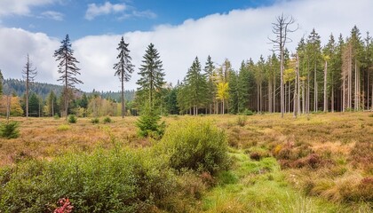 boggy forest with blueberry bushes in autumn ore mountains germany