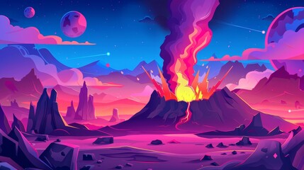 Volcanic eruption on rocky terrain at night. Modern cartoon illustration of hot lava and steam flowing from mountain crater, cracked desert, prehistoric natural background, alien planet.