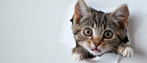 Adorable tabby cat kitten sticking its head out of hole in white paper isolated on plain white background