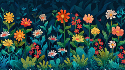 Fototapeta premium A vibrant garden showcasing a spectrum of brightly blooming flowers.