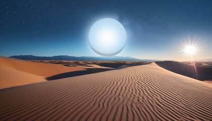 a high definition image capturing the moment a bright sphere of light hovers above a desert casting long shadows over the dunes under a clear star filled sky 8k