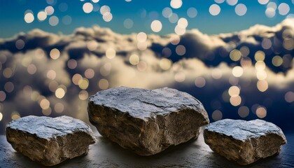 three rock tops for a product display showing middle close focus to the stone surface on an artistic cloudy foreground and background with a bokeh balls sky