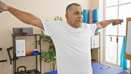 A middle-aged hispanic man exercises with dumbbells in a rehab clinic, demonstrating strength and recovery indoors.