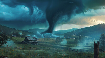 Tornado touching down in a rural area, intensified by changing climate patterns.