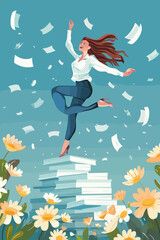  Confident Businesswoman Jumping Over Paper Stacks with Spring Representing Success