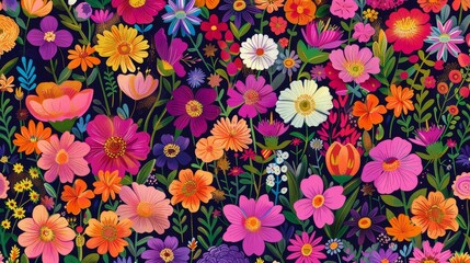 A vibrant garden showcasing a spectrum of brightly blooming flowers.