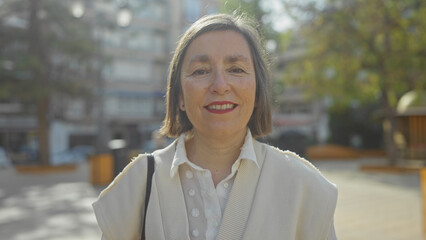 Smiling middle-aged woman outdoors in an urban park setting with blurred city background.