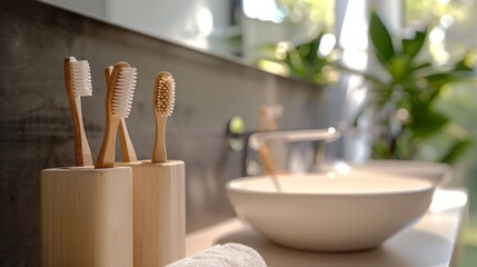 Bathroom scene with toothbrushes fresh light tidy and clean minimalistic setup.
