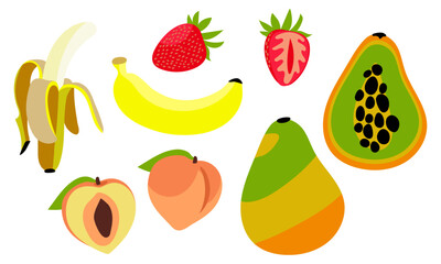 A set of whole and sliced fruits and berries, juicy bright colors. A variety of tropical fruits, strawberries, banana, peach, papaya. For packaging, posters or branding materials. Isolated vector