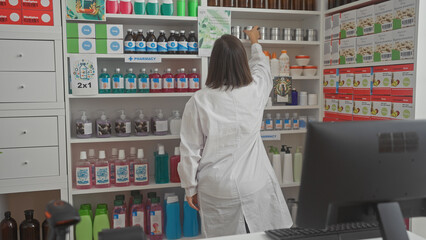 Pharmacist woman reaching for a product on a high shelf inside a well-organized pharmacy