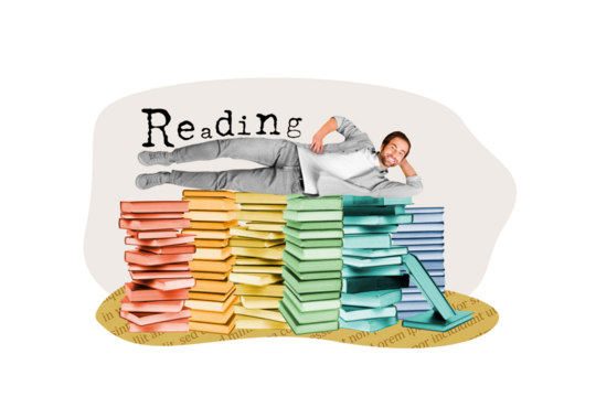 Creative image picture template collage of lying guy have free time enjoying reading fiction book