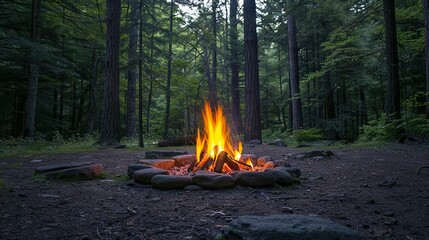 Campfire flames dancing amidst a tranquil forest setting at dusk.