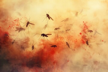 Watercolor Art Illustration Depicting Swarm of Attacking Mosquitoes