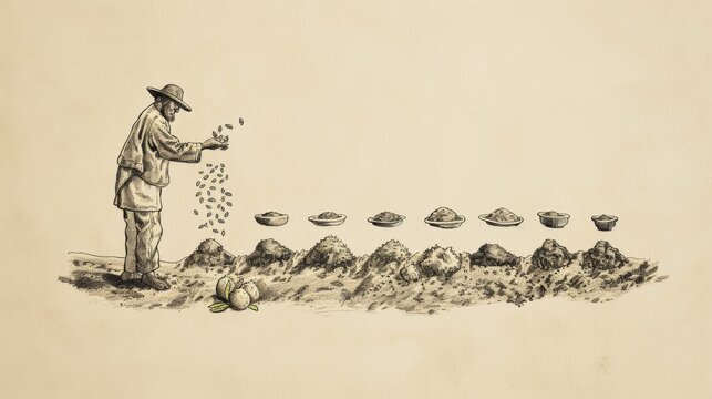 The Parable of the Sower with Farmer Scattering Seeds in Various Types of Soil - Biblical Illustration