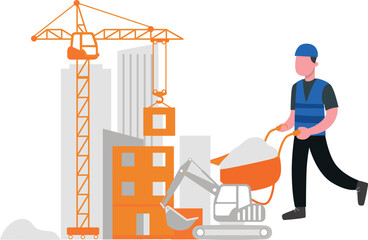 A worker is carrying a wheelbarrow of cement.