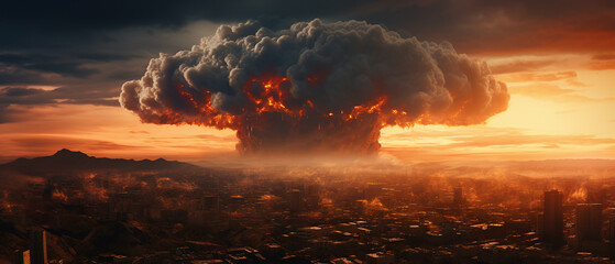 A nuke on city at distance cinemetic background.