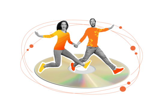 Collage picture of two excited mini partners hold arms jumping run big cd disc isolated on painted creative background