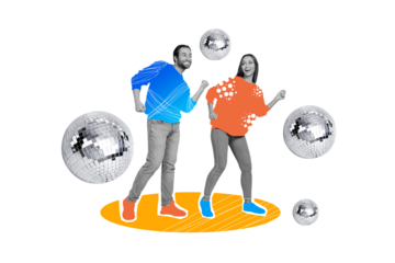 Composite collage portrait of two cheerful black white colors people enjoy dancing disco ball isolated on drawing background