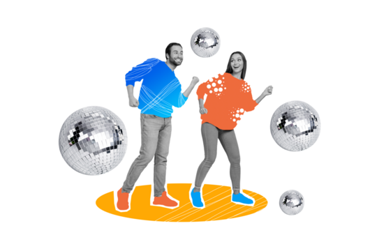 Composite collage portrait of two cheerful black white colors people enjoy dancing disco ball isolated on drawing background