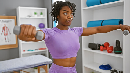 Young african american woman exercises with dumbbells in a rehab clinic's gym, showcasing health...