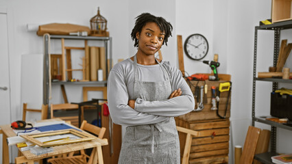 Proud woman with dreadlocks posing arms crossed in a carpentry workshop, showcasing creativity and...