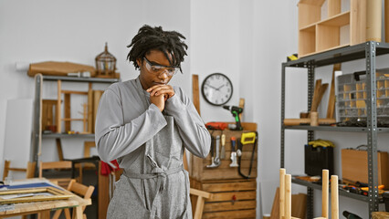 A thoughtful young woman with dreadlocks, wearing safety glasses, stands in a carpentry workshop.
