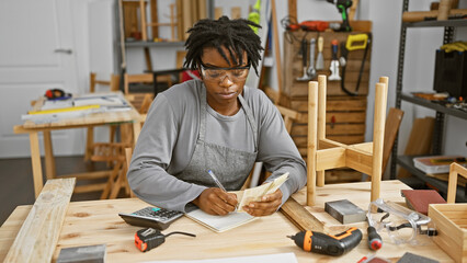 Young woman counts money in a carpentry workshop, surrounded by tools.