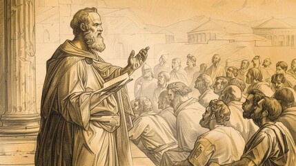 The Apostle Paul Preaching to a Diverse Crowd in Athens - Biblical Illustration