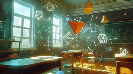 Visualization of a math class with geometric shapes and formulas floating around.