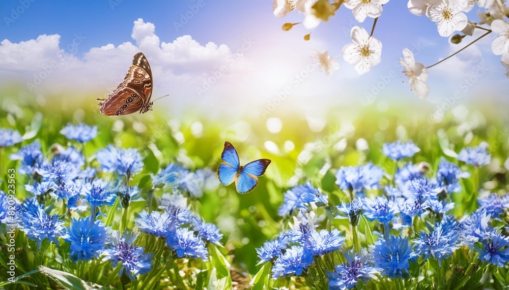 Wall mural beautiful blurred spring nature background with blooming meadow and blue sky on a sunny day butterfl